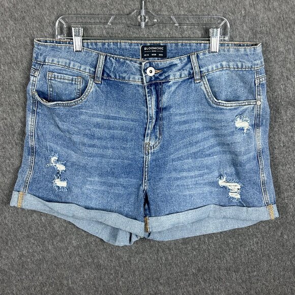 BloomChic Denim Shorts Womens 16 Blue Distressed Rolled Hem Mid Rise Stretch Poc - Picture 1 of 16